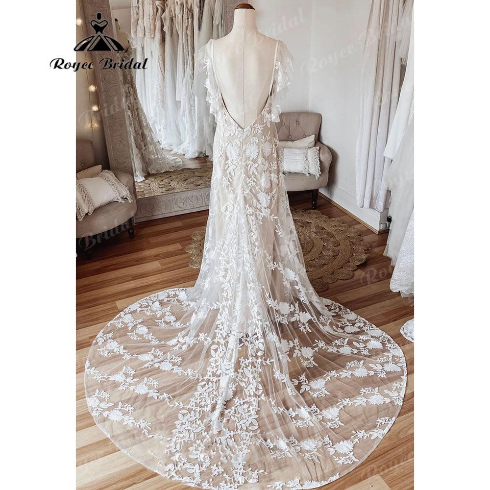 Vintage Behemian Boho Full Lace Backless Beach Wedding Dress with V Neck 2025 Bridal Gowns vestido de noiva simples NumberSea