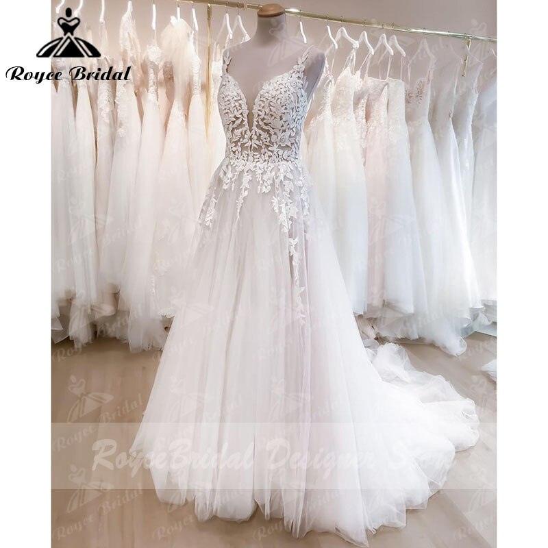 NumberSea Vintage Bohemian  A Line Wedding Dress Beach Lace Spaghetti Straps V Neck Backless Boho Bridal Wedding Gown Vestidos De Noiva