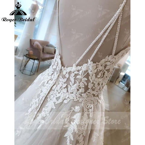 NumberSea Vintage Bohemian A-linie Brautkleid Strand Spitze Spaghetti-trägern V-ausschnitt Backless Boho Brautkleid Brautkleid Vestidos De Noiva 