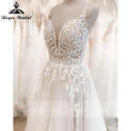 NumberSea Vintage Bohemian  A Line Wedding Dress Beach Lace Spaghetti Straps V Neck Backless Boho Bridal Wedding Gown Vestidos De Noiva