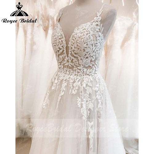 NumeroMare Vintage Boemo Abito da Sposa a Linea Spiaggia Pizzo Spaghetti Spalline Scollo a V Senza Schienale Boho Sposa Abito da Sposa Vestiti da Sposa
