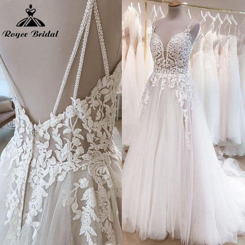 NumberSea Vintage Bohemian A-linie Brautkleid Strand Spitze Spaghetti-trägern V-ausschnitt Backless Boho Brautkleid Brautkleid Vestidos De Noiva 