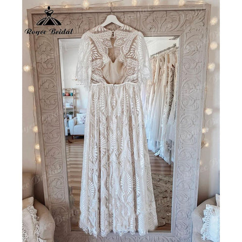 Vintage Bohemian Lace Boho Beach Open Back Damen Brautkleid mit Ärmeln 2025 Robe Mariee Brautkleid Nach Maß Bodenlang 