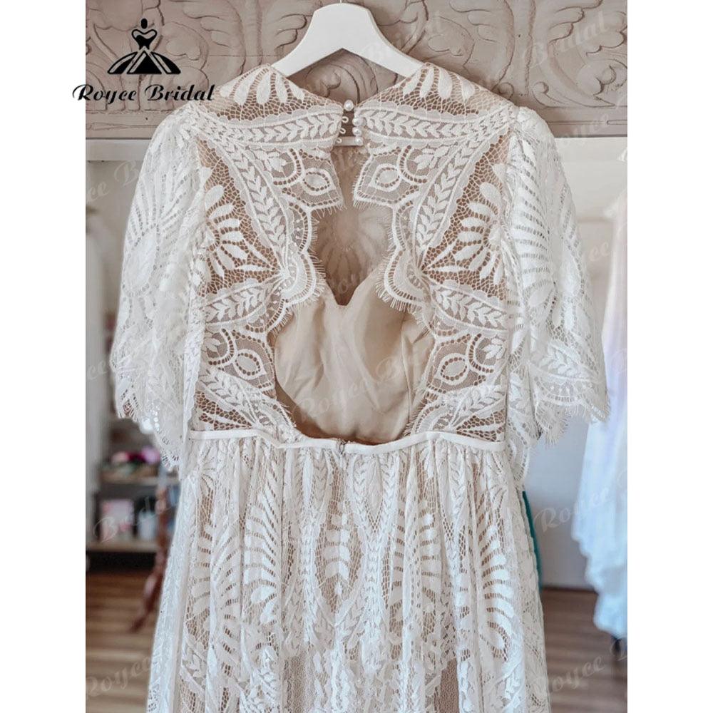 Vintage Bohemian Lace Boho Beach Open Back Women Wedding Dress with Sleeve 2025 Robe Mariee Bridal Gown Custom Made Floor Length