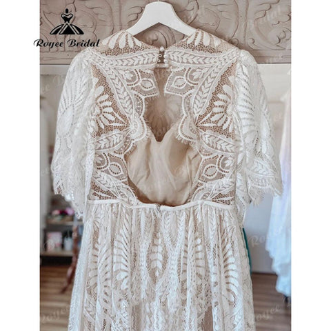 Vintage Bohemian Lace Boho Beach Open Back Damen Brautkleid mit Ärmeln 2025 Robe Mariee Brautkleid Nach Maß Bodenlang 