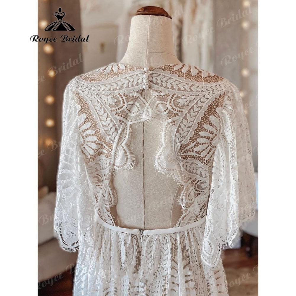 Vintage Bohemian Lace Boho Beach Open Back Women Wedding Dress with Sleeve 2025 Robe Mariee Bridal Gown Custom Made Floor Length
