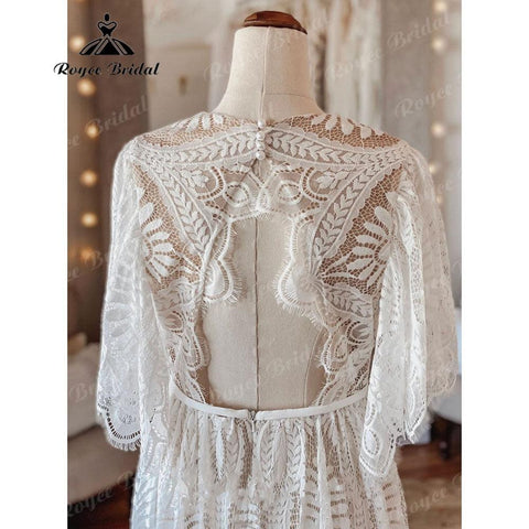 Vintage Bohemian Lace Boho Beach Open Back Damen Brautkleid mit Ärmeln 2025 Robe Mariee Brautkleid Nach Maß Bodenlang 