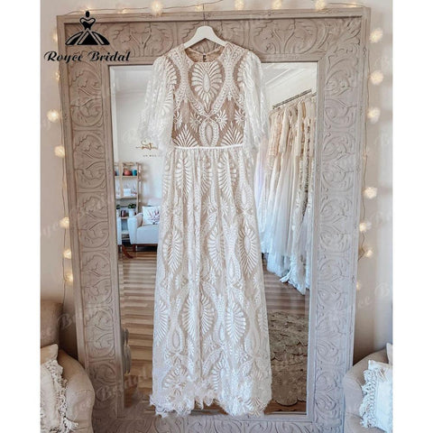 Vintage Bohemian Lace Boho Beach Open Back Damen Brautkleid mit Ärmeln 2025 Robe Mariee Brautkleid Nach Maß Bodenlang 