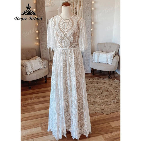 Vintage Bohemian Lace Boho Beach Open Back Damen Brautkleid mit Ärmeln 2025 Robe Mariee Brautkleid Nach Maß Bodenlang 