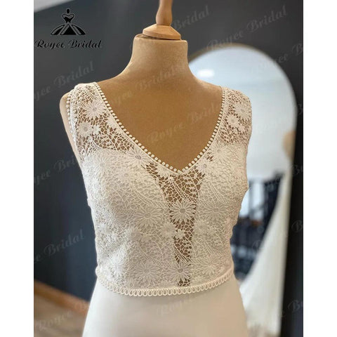 Vintage Bohemian V-ausschnitt Spitze Mieder Chiffon Boho Hochzeit Kleid für Braut 2024 Brautkleid vestido de noiva simples Sweep Zug 