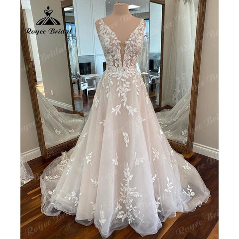 Vintage Tiefem V-ausschnitt Spitze Applique A-linie Strand Frauen Hochzeit Kleid 2025 Birdal Kleid Nach Maß vestido de casamento NumberSea