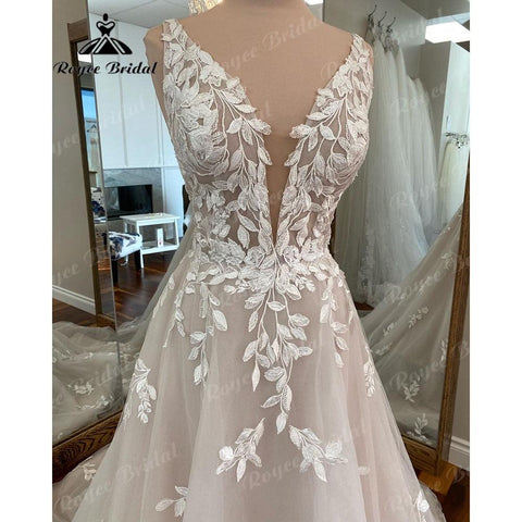 Vintage Tiefem V-ausschnitt Spitze Applique A-linie Strand Frauen Hochzeit Kleid 2025 Birdal Kleid Nach Maß vestido de casamento NumberSea