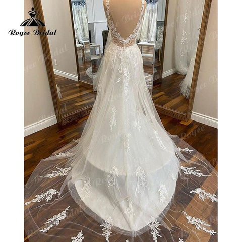 NumberSea Vintage Tiefem V-ausschnitt Spitze Appliques Ärmelloses Open Back Brautkleid für Frauen 2025 Vestidos robe de mariée Brautkleider Sexy 