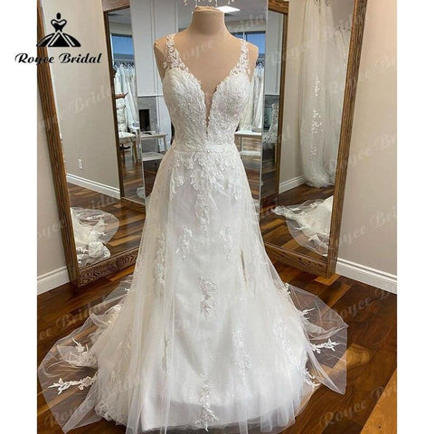 NumberSea Vintage Tiefem V-ausschnitt Spitze Appliques Ärmelloses Open Back Brautkleid für Frauen 2025 Vestidos robe de mariée Brautkleider Sexy 
