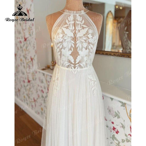 Vintage Spitze Appliques Bodenlangen Tüll Neckholder Brautkleid A-Linie Strand 2025 Brautkleider Nach Maß robe de mariage