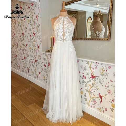 Vintage Spitze Appliques Bodenlangen Tüll Neckholder Brautkleid A-Linie Strand 2025 Brautkleider Nach Maß robe de mariage