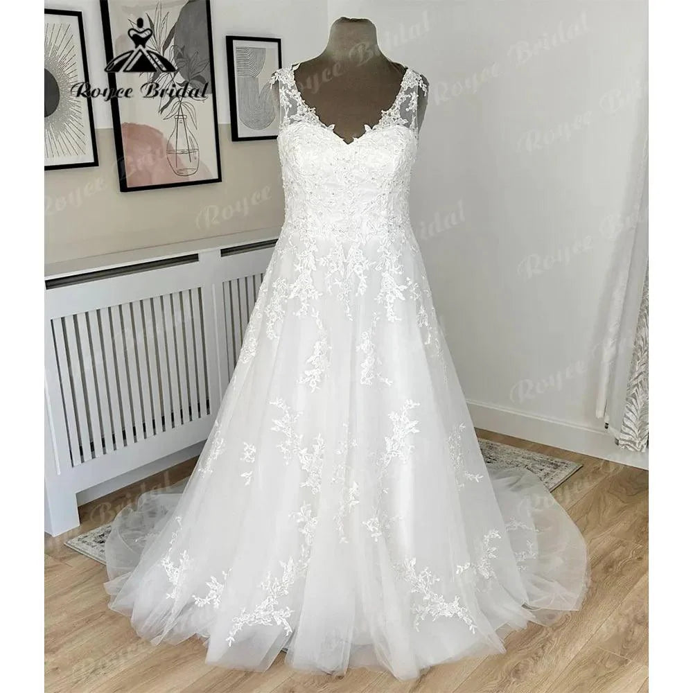 NumberSea Vintage Lace Appliques Illusion Back V Neckline Wedding Dress for Women 2024 Bridal Wedding Gown vistidos de festa de casamento