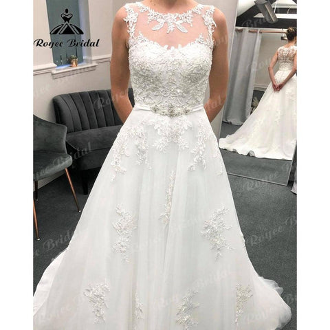 Vintage Spitze Appliques Ärmelloses Brautkleid mit Gürtel 2024 Illusion Zurück Brautkleid für Braut vestido de casamento Sexy 