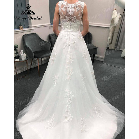 Vintage Spitze Appliques Ärmelloses Brautkleid mit Gürtel 2024 Illusion Zurück Brautkleid für Braut vestido de casamento Sexy 