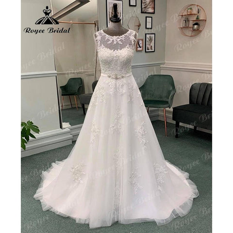 Vintage Spitze Appliques Ärmelloses Brautkleid mit Gürtel 2024 Illusion Zurück Brautkleid für Braut vestido de casamento Sexy 
