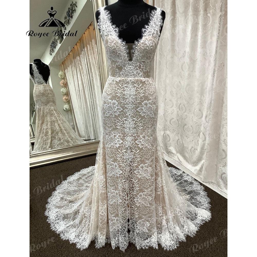 NumberSea Vintage Lace Backless Mermaid/Trumpet Boho Champagne lining Wedding Dress for Women Bridal Gown vestido de boda corte sirena
