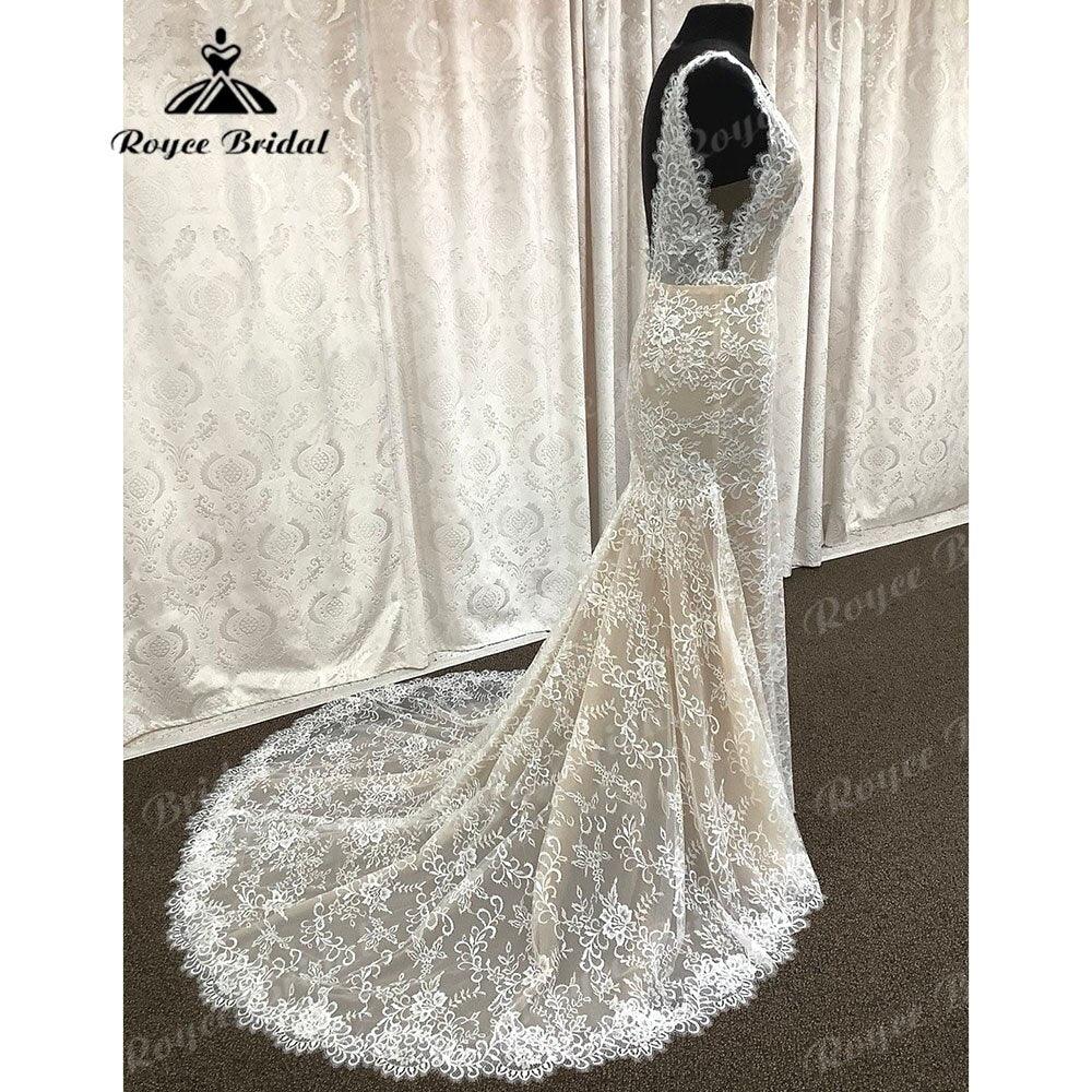 NumberSea Vintage Lace Backless Mermaid/Trumpet Boho Champagne lining Wedding Dress for Women Bridal Gown vestido de boda corte sirena