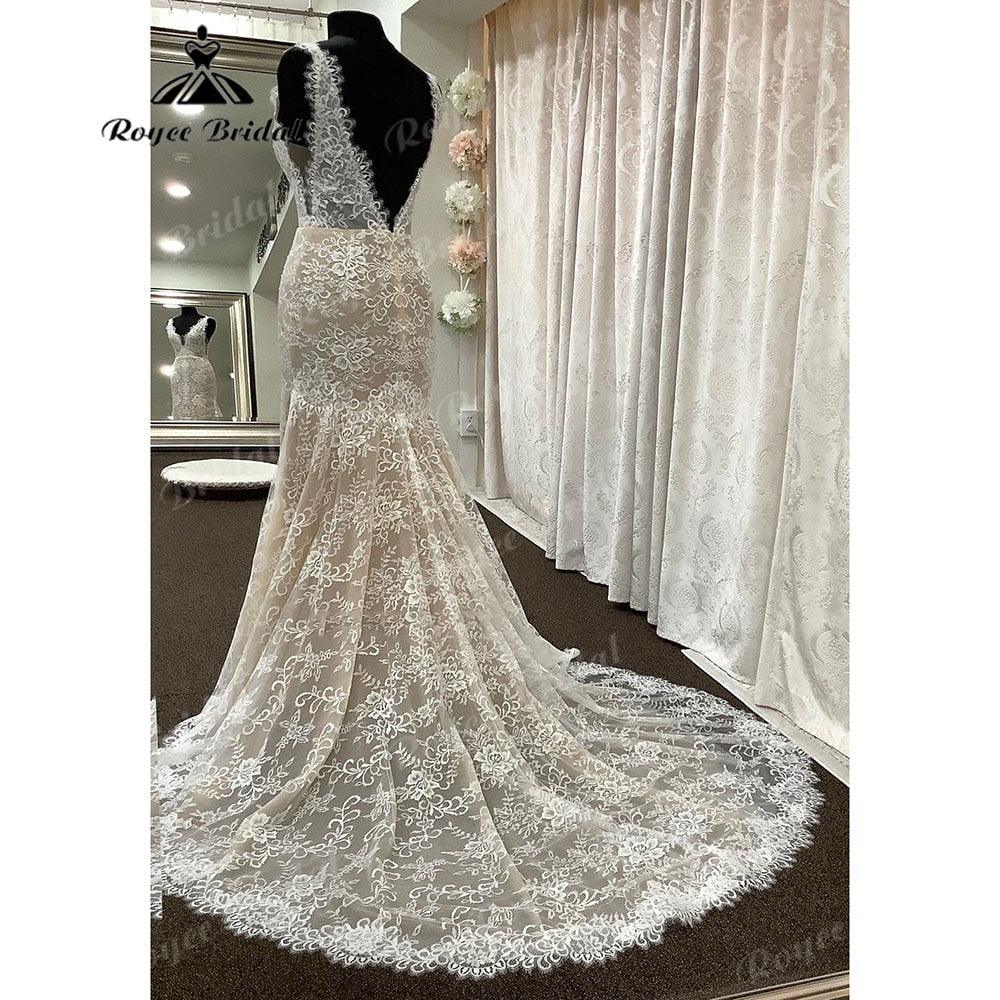 NumberSea Vintage Lace Backless Mermaid/Trumpet Boho Champagne lining Wedding Dress for Women Bridal Gown vestido de boda corte sirena