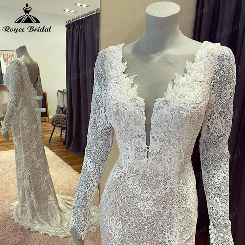 NumberSea Vestido de Novia Vintage con Encaje, Manga Larga y Abertura Lateral para Mujer Mermaid con Escote V 2024 Vestido de Novia Chic Robe de mariee NumberSea