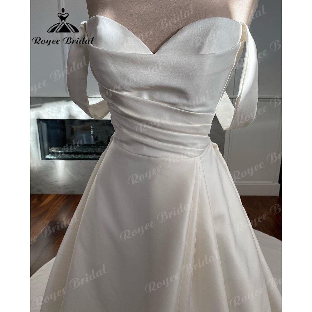 NumberSea Vintage Off the Shoulder Satin Sweetheart Neckline Pleats Wedding Dress with Cap Short Sleeve 2025 Bridal Gowns robe de mariée