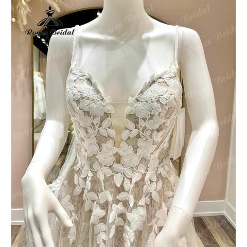 Vintage Tiefer Spitze Floral Champagner Open Back Boho Frauen Hochzeit Kleid 2025 Brautkleider Spaghetti-trägern abito da sposa Sexy