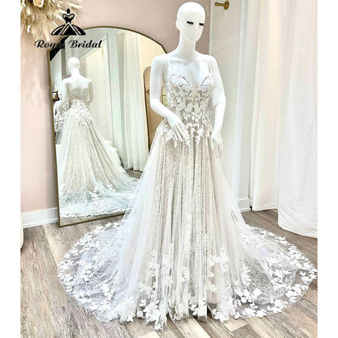 Vintage Tiefer Spitze Floral Champagner Open Back Boho Frauen Hochzeit Kleid 2025 Brautkleider Spaghetti-trägern abito da sposa Sexy
