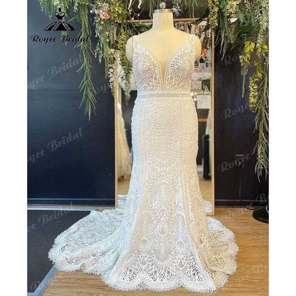 NumberSea Vintage Plunging V Neck Lace Mermaid Boho Wedding Dress for Women 2025 Bridal Gown Floor-Length robe mariée sirene NumberSea