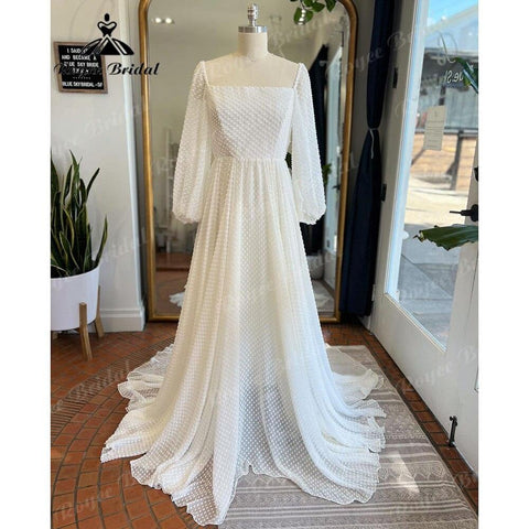 Vintage Prinzessin Polka Dot Tüll Puff Langarm Strand A Linie Brautkleid Open Back Square Kragen Ausschnitt Bodenlang 2025 