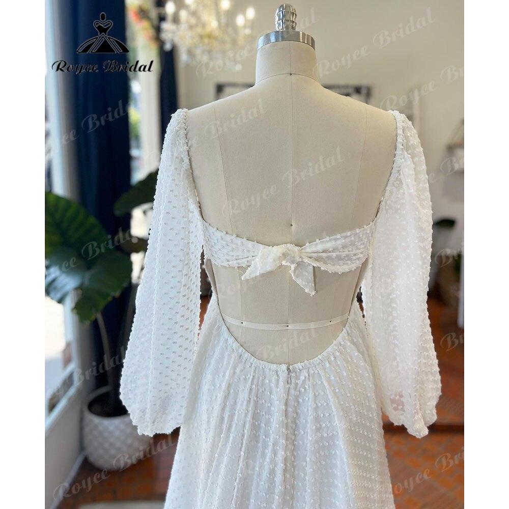 Vintage Princess Polka Dot Tulle Puff Long Sleeve Beach A Line Wedding Gown Open Back Square Collar Neckline Floor-Length 2025