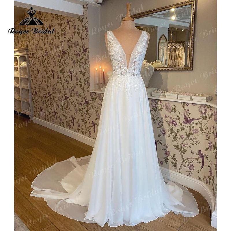 Vestido de novia playero vintage sin mangas escote profundo en V encaje floral gasa sin espalda vestidos de novia boho hecho a la medida