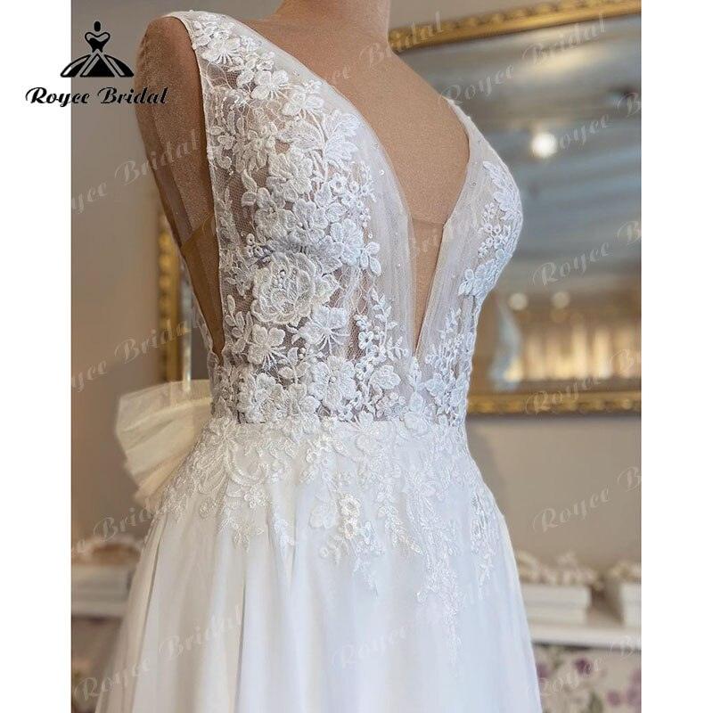 NumberSea Vintage Sleeveless Beach Wedding Dress Deep V Neck Lace Floral Chiffon Backless Boho Bridal Gowns Vestido De Noiva Custom Made