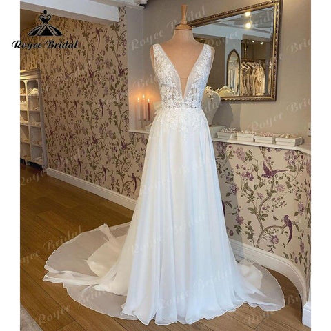 Vintage Ärmelloses Strandhochzeitskleid Tiefem V-Ausschnitt Lace Floral Chiffon Backless Boho Brautkleider Vestido De Noiva Nach Maß