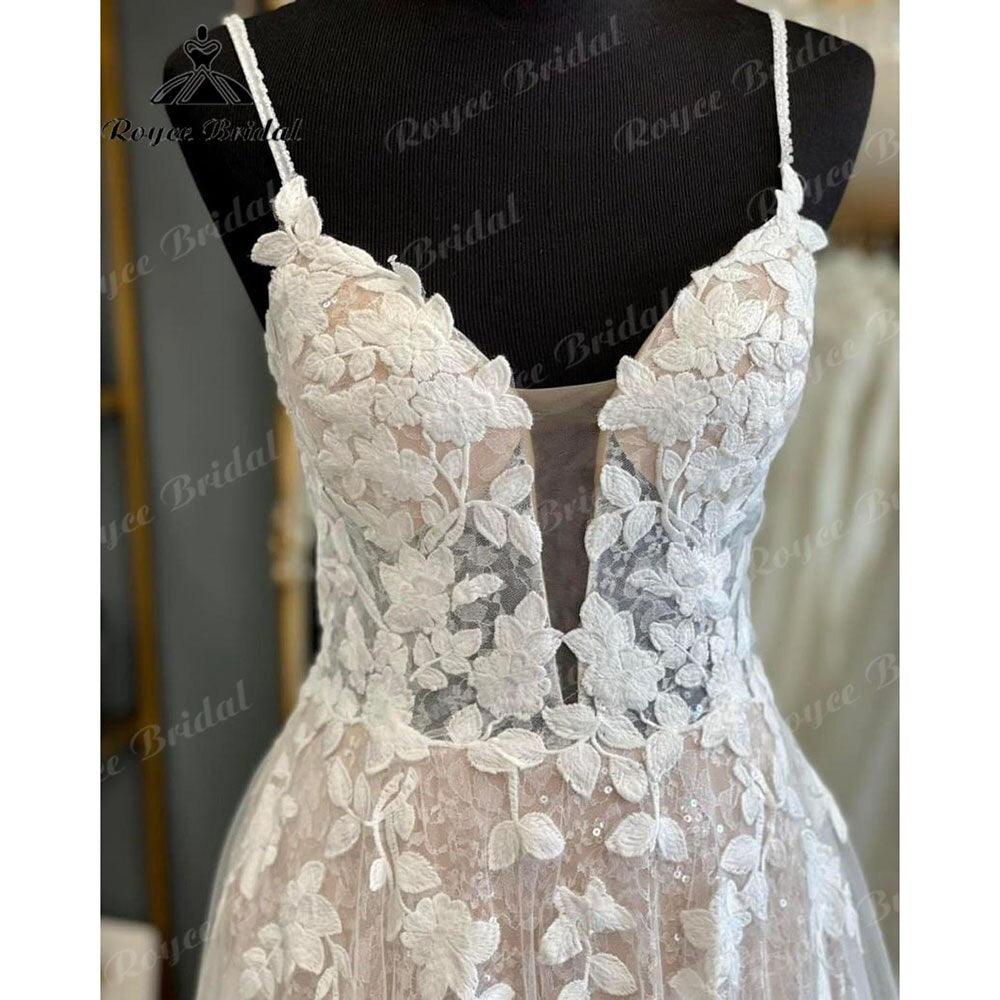 NumberSea Vintage Spaghetti Straps Blush Pink Lace Appliques A Line Boho Wedding Dress V Neck Backless 2025 Bridal Gowns Vestido De Novia