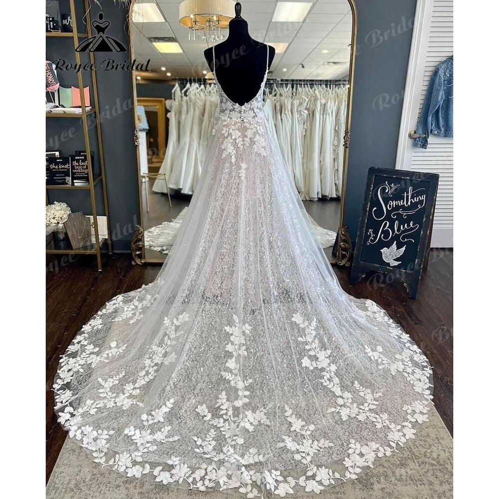 NumberSea Vintage Spaghetti Straps Blush Pink Lace Appliques A Line Boho Wedding Dress V Neck Backless 2025 Bridal Gowns Vestido De Novia