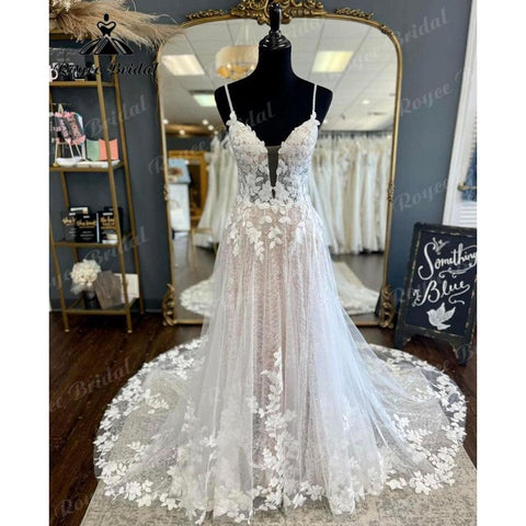 NumberSea Vintage Spaghettiträger Blush Pink Spitzenapplikationen A-Linie Boho Brautkleid V-Ausschnitt Rückenfrei 2025 Brautkleider Vestido De Novia 