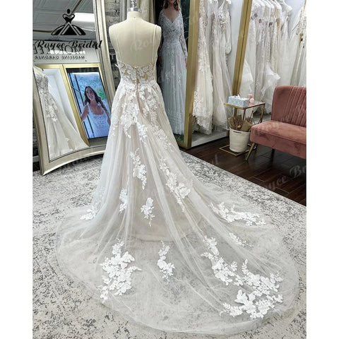 Vintage Spaghetti-Trägern Spitze Appliques Strand Brautkleid mit V-Ausschnitt 2024 A Line Boho Brautkleid abito da sposa Sommer Sexy 