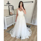 Vintage Spaghetti Straps Lace Appliques Wedding Dress with V Neck 2024 Backless Bridal Gown Women robe de soirée de mariage Sexy