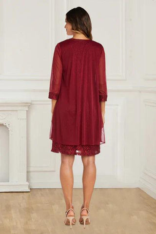 Kleid für die Brautmutter, Vintage, zweiteilig, Spitze, Burgunderrot, Etuikleid/Säule, 3/4-Ärmel, mit Perlen