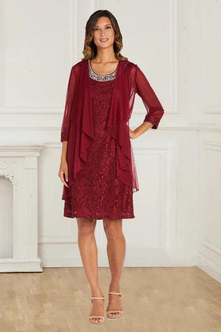 Kleid für die Brautmutter, Vintage, zweiteilig, Spitze, Burgunderrot, Etuikleid/Säule, 3/4-Ärmel, mit Perlen