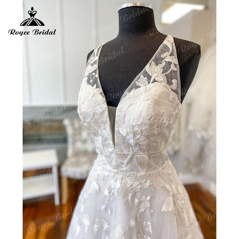 NumberSea Vintage V-Ausschnitt Spitze Brautkleid Rückenfrei Sweep Zug 2025 Boho Ärmellos Elegantes Brautkleid Strand Brautkleid Vestidos Novias 