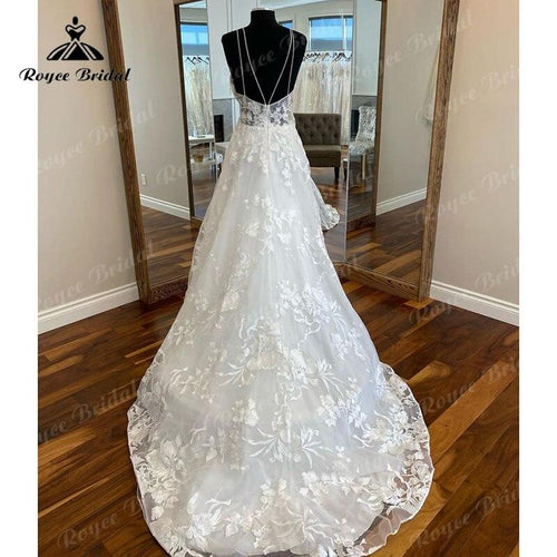 NumberSea Vintage V-Ausschnitt Spitze Brautkleid Rückenfrei Sweep Zug 2025 Boho Ärmellos Elegantes Brautkleid Strand Brautkleid Vestidos Novias 
