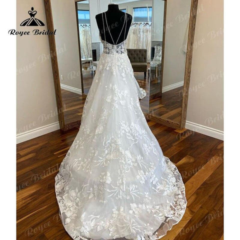 NumberSea Vintage V-Ausschnitt Spitze Brautkleid Rückenfrei Sweep Zug 2025 Boho Ärmellos Elegantes Brautkleid Strand Brautkleid Vestidos Novias 