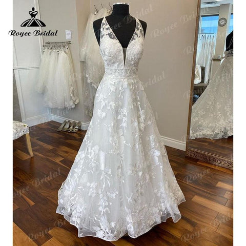 NumberSea Vintage V-Ausschnitt Spitze Brautkleid Rückenfrei Sweep Zug 2025 Boho Ärmellos Elegantes Brautkleid Strand Brautkleid Vestidos Novias 