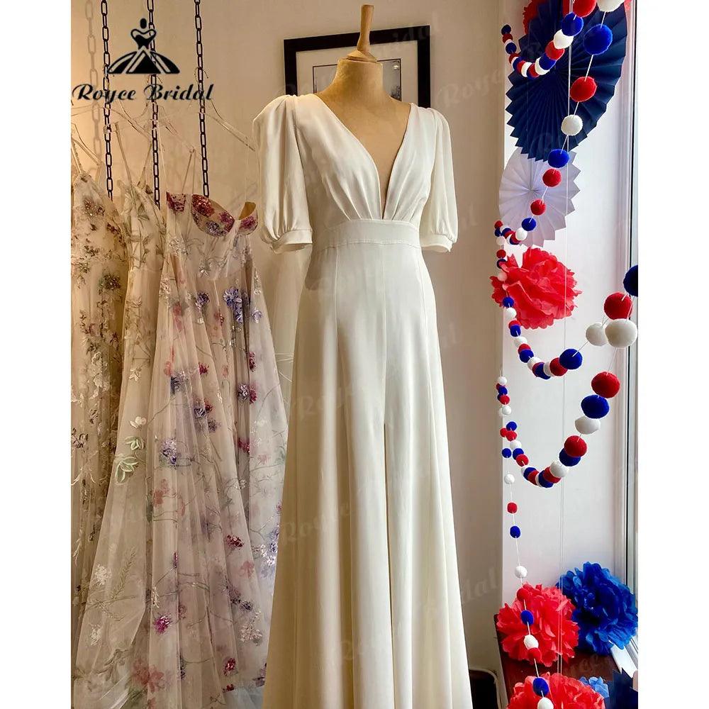 Vintage V Neck Soft Satin Split Middle Wedding Gown for Women 2024 Bridal Receipt Gown with Puff Short Sleeve Hochzeitskleider
