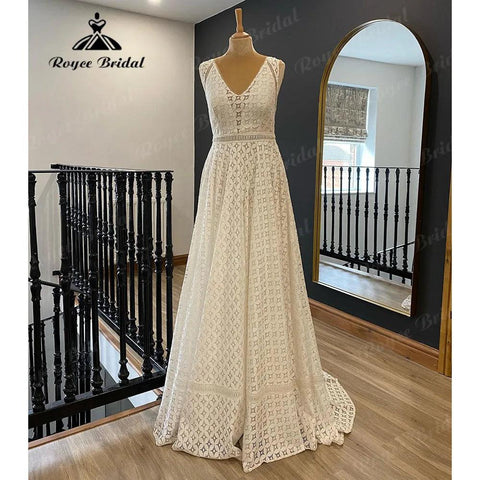 Vintage V-Ausschnitt Ärmellose Spitze Brautkleid für Frauen 2024 Brautkleid Brautkleid Nach Maß sukienka na wesele NumberSea 